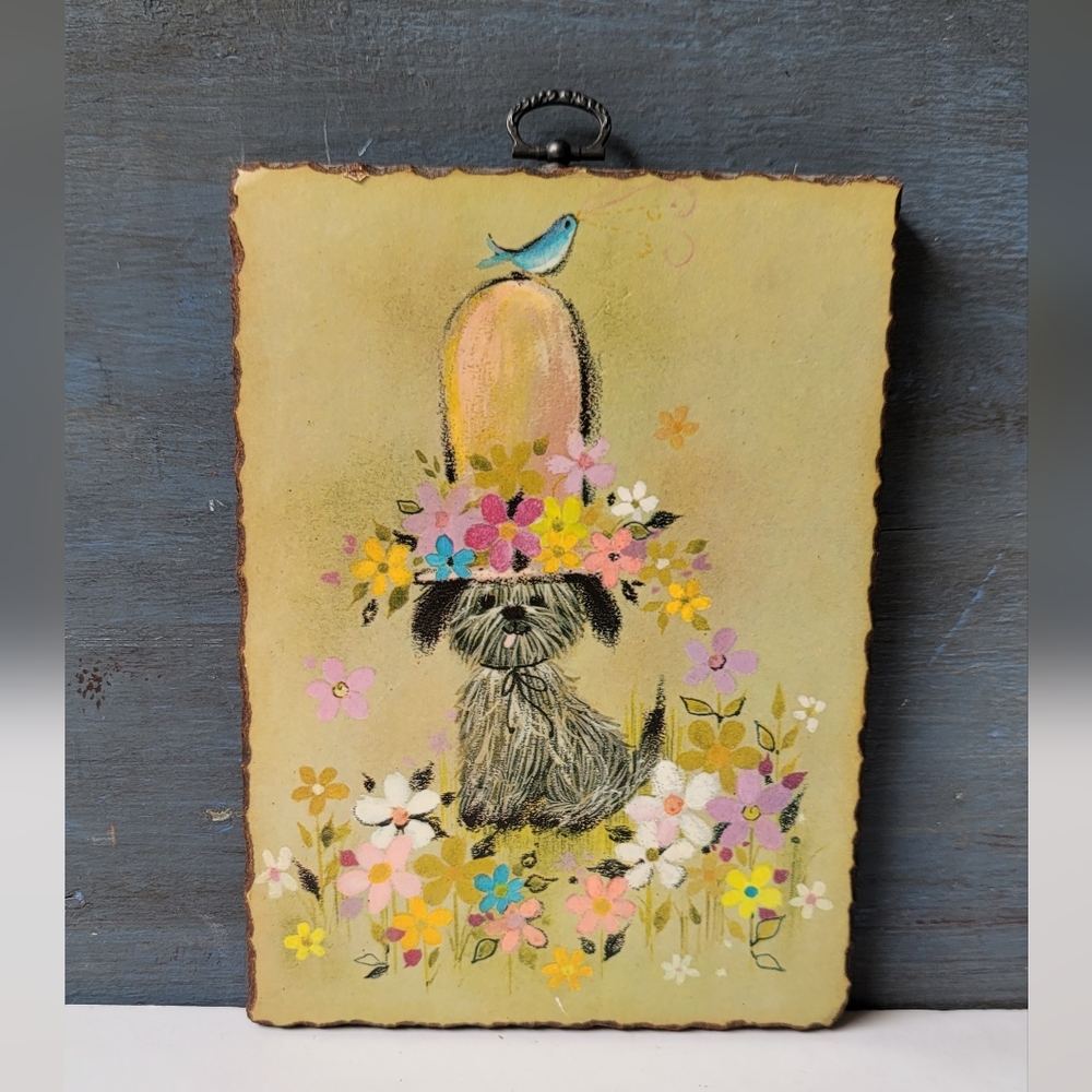 Set of 2 Art Wall Hangings Bright Pastel Girl Boy Dog Print on Wood Vintage 60s - Picture 3 of 4